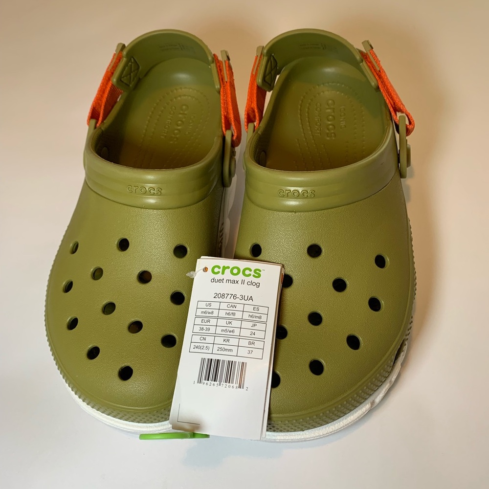 CROCS Duet Max II Clog in Olive Green with Orange Heel Strap W sz 8/ M 6